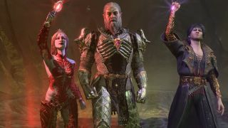 A group of three fantasy villains in grim armor preparing to cast an evil spell, the atmosphere is foreboding and mysterious