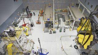 Engineers conduct a "Center of Curvature" test on NASA's James Webb Space Telescope in the clean room at NASA's Goddard Space Flight Center, Greenbelt, Md.