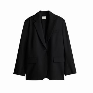 Flat lay image of black blazer