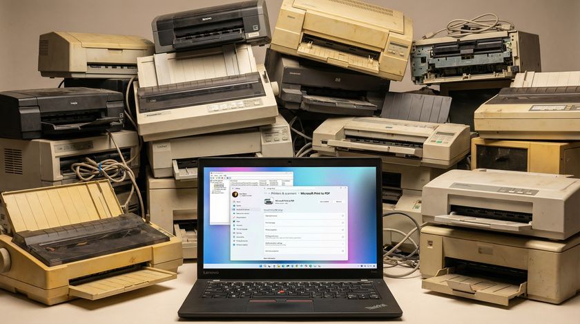 A Lenovo laptop running Windows 11 showing Printer settings with a bunch of old, dusty printers behind the laptop