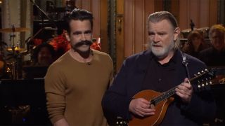 Colin Farrell rocking a ridiculous mustache alongside Brendan Gleeson on SNL.