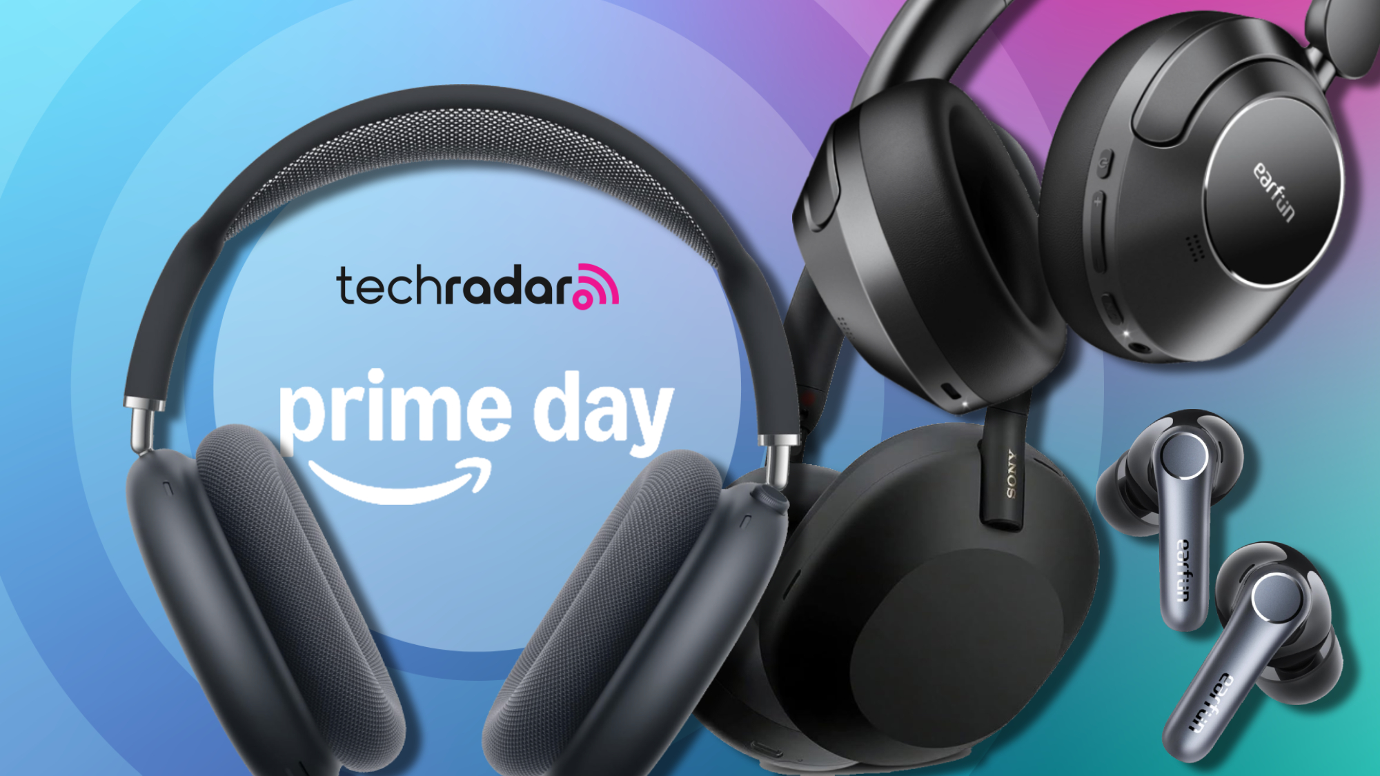 AirPods Max, Earfun Wave Pro, Earfun Air Pro 4 and Sony WH-1000XM5 on purple background with TR&#039;s &#039;Prime Day&#039; badge 