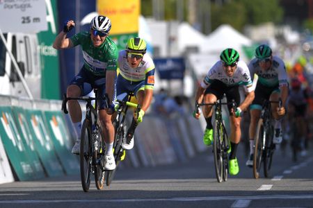 TAVIRA PORTUGAL MAY 07 Sam Bennett of Ireland and Team Deceuninck QuickStep Green Points Jersey celebrates at arrival ahead of Danny Van Poppel of Netherlands and Team Intermarch Wanty Gobert Matriaux Jon Aberasturi Izaga of Spain and Team Caja RuralSeguros RGA during the 47th Volta Ao Algarve 2021 Stage 3 a 2031km stage from Faro to Tavira VoltAlgarve VAlgarve2021 on May 07 2021 in Tavira Portugal Photo by Luc ClaessenGetty Images
