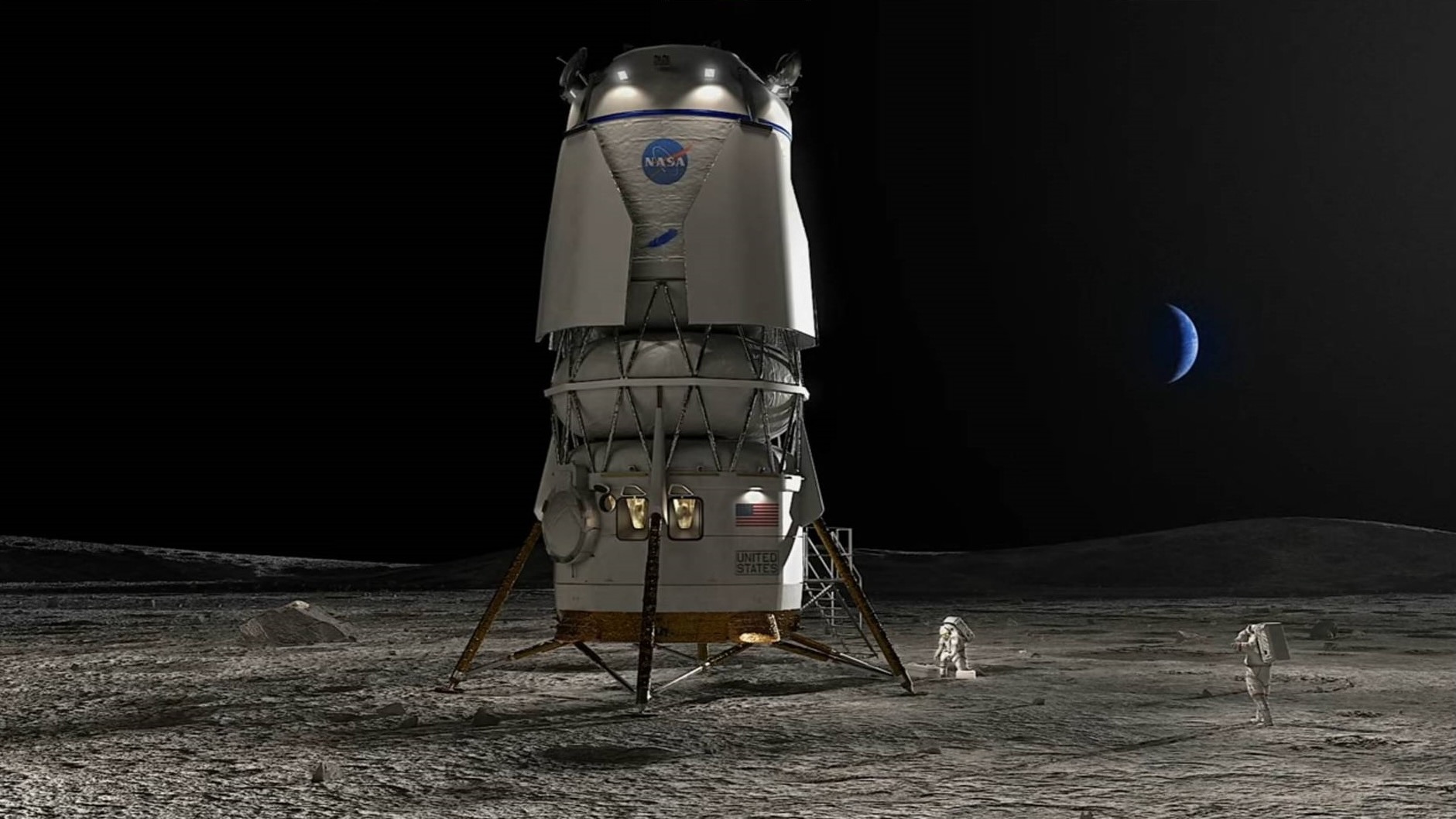 ilustração de uma grande nave espacial branca na lua com dois astronautas em trajes espaciais brancos no chão próximo