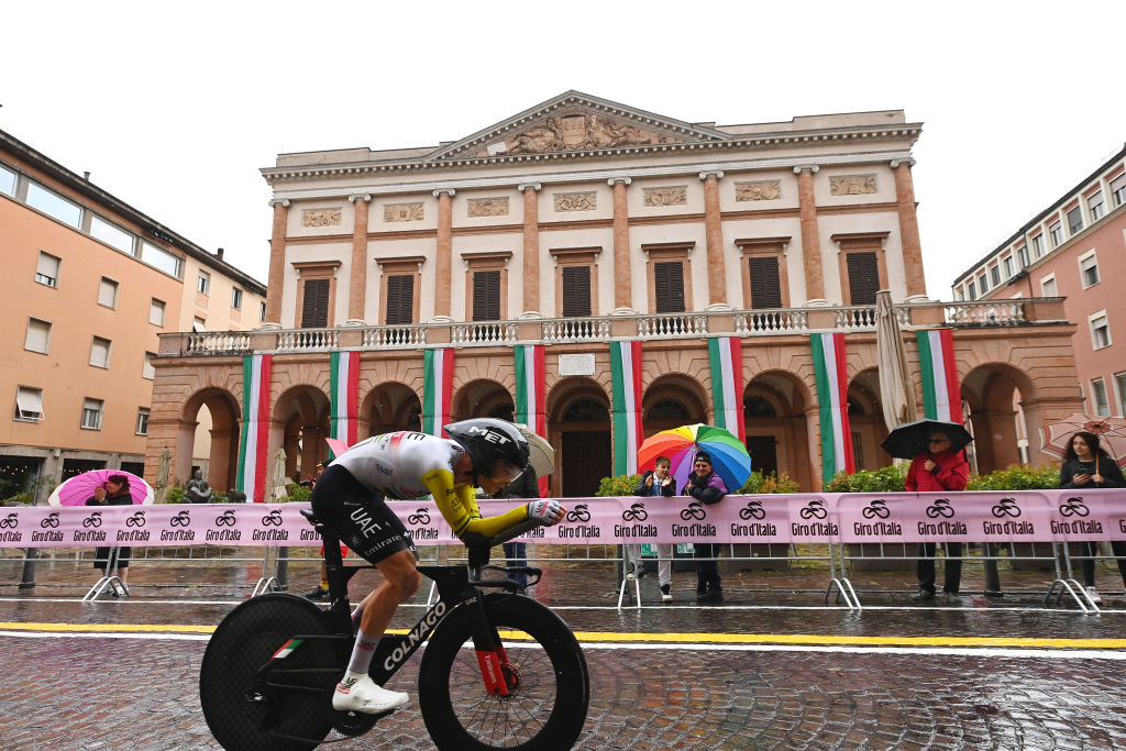 CESENA ITALY MAY 14 Jay Vine of Australia and UAE Team Emirates sprints passing through Cesena city during the 106th Giro dItalia 2023 Stage 9 a 35km individual time trial stage from Savignano sul Rubicone to Cesena UCIWT on May 14 2023 in Cesena Italy Photo by Tim de WaeleGetty Images