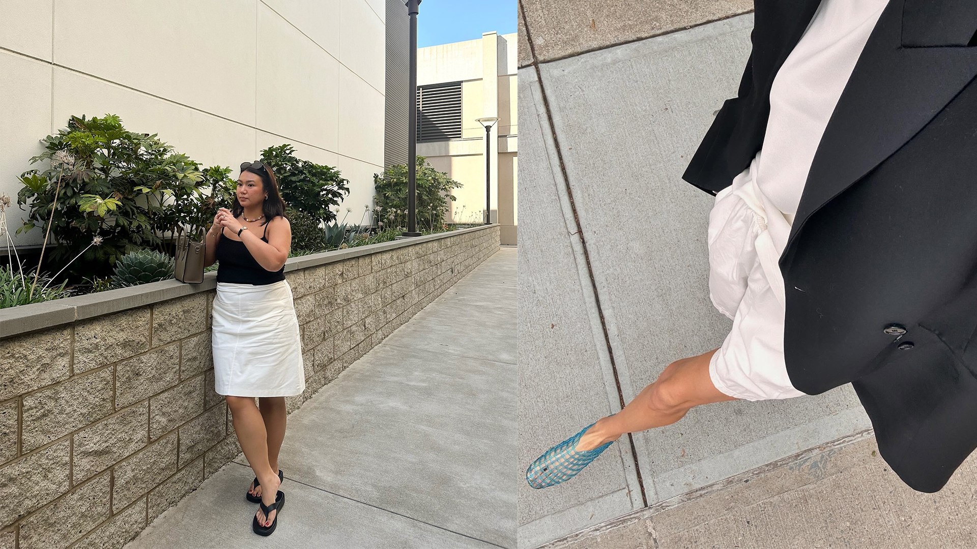 marina poses with flip flops, courtney poses with jelly shoes