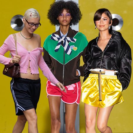 collage of celebrities and runway models wearing summer's track shorts trend