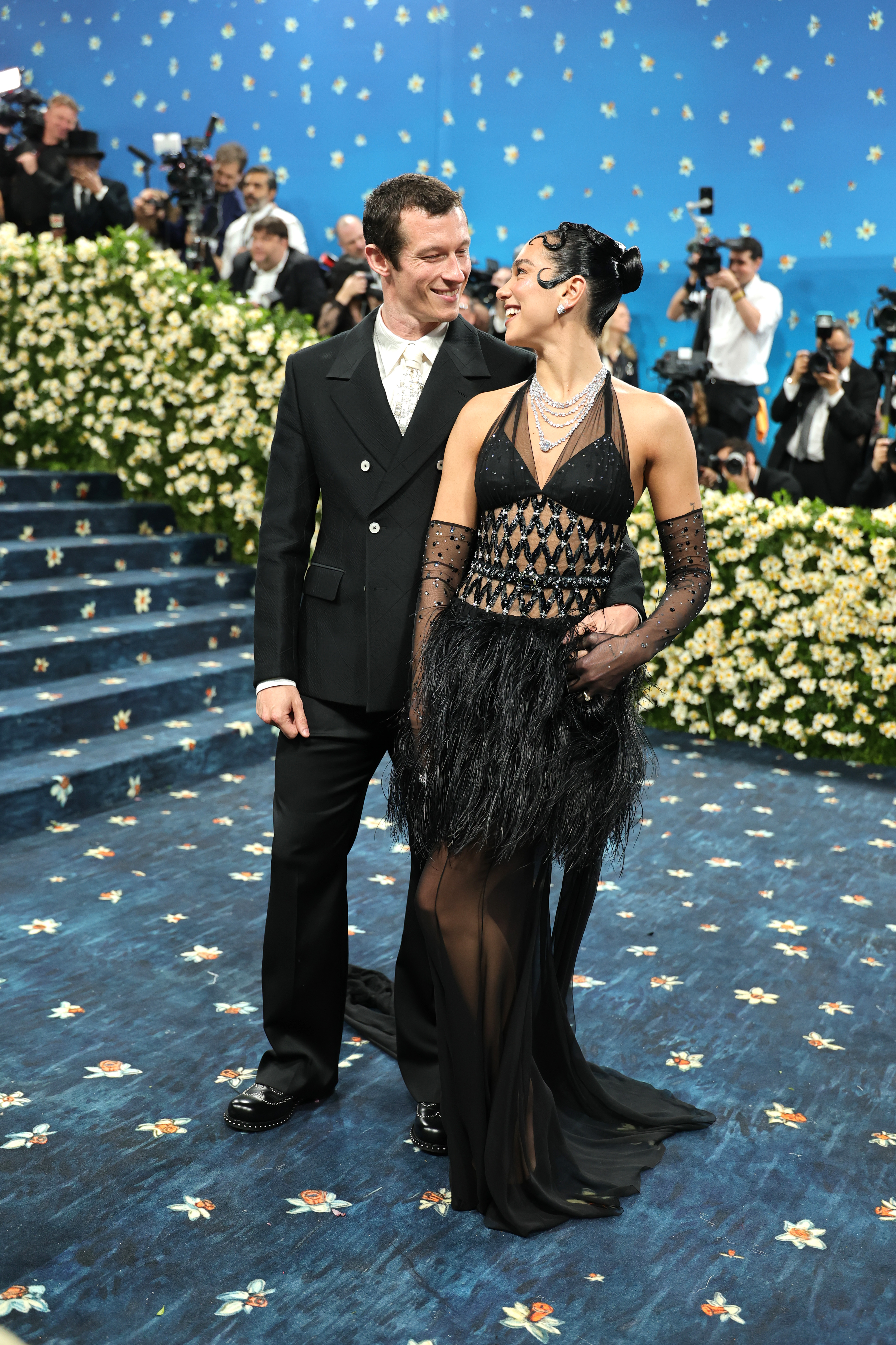 NEW YORK, NEW YORK - MAY 05: (L-R) Callum Turner and Dua Lipa attend the 2025 Met Gala Celebrating "Superfine: Tailoring Black Style" at Metropolitan Museum of Art on May 05, 2025 in New York City. (Photo by Dia Dipasupil/Getty Images)