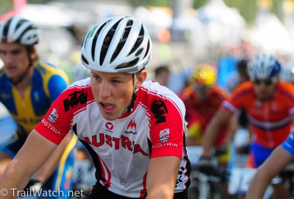 An Austrian near the front of the peloton