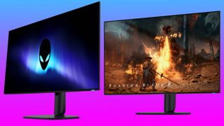 Two gaming OLEDs from Alienware float in a pink-blue gradient void.