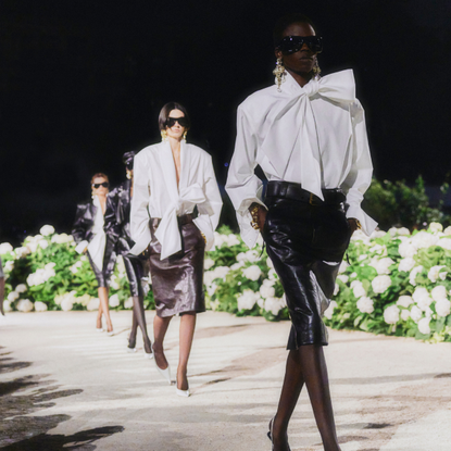 Saint Laurent SS26 runway shot x 4 models white shirt black leather skirt