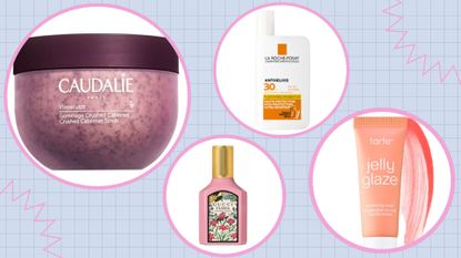 Sephora Sale 2023: Product pictures from Caudalie, Gucci, La Roche-Posay and tarte/ in a blue and pink template