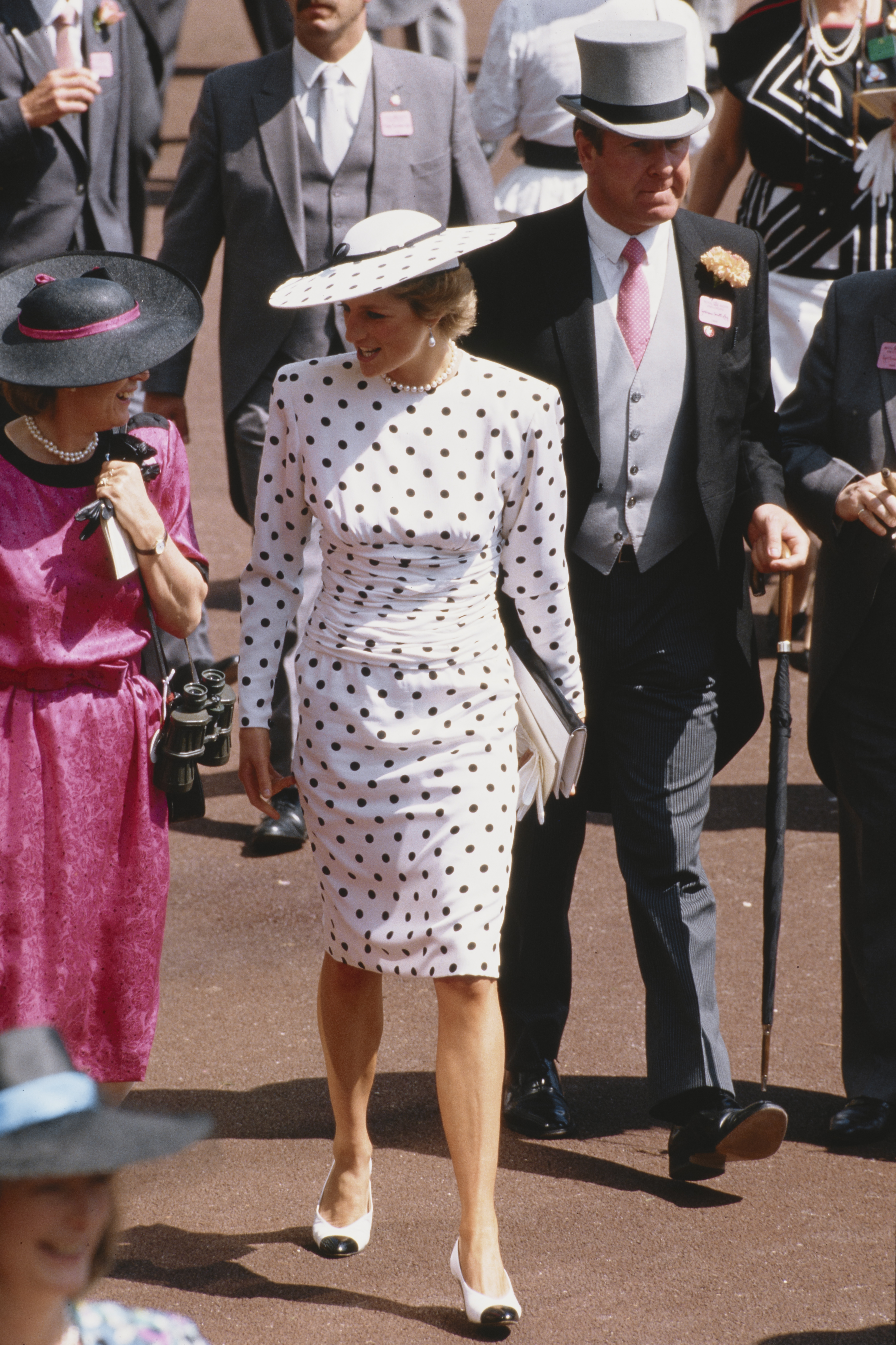 Princess Diana wearing a white dress with black polka dots at Royal Ascot 1988