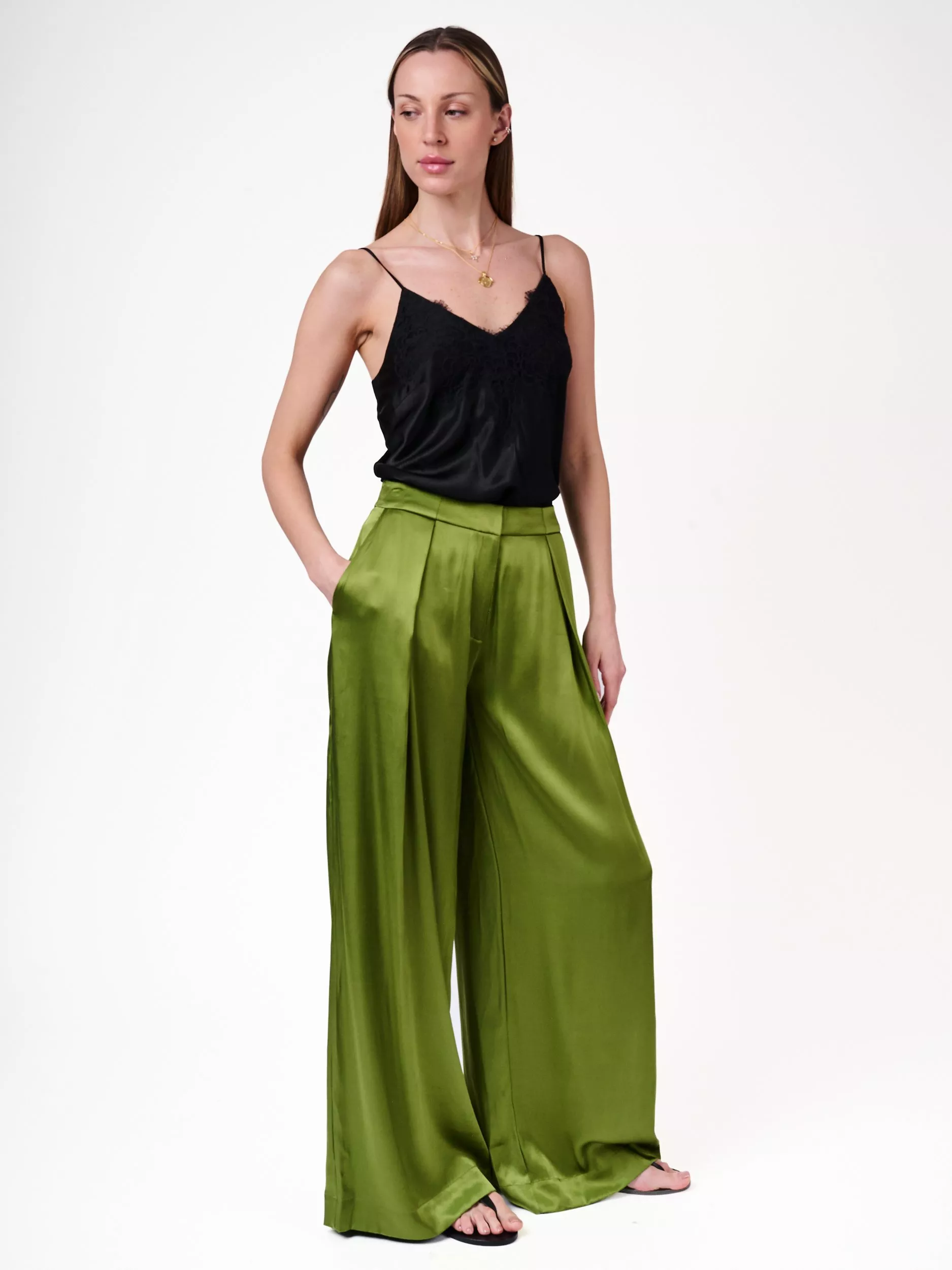 Amanda Wakeley Emilia Pleated Wide Leg Trousers, Green