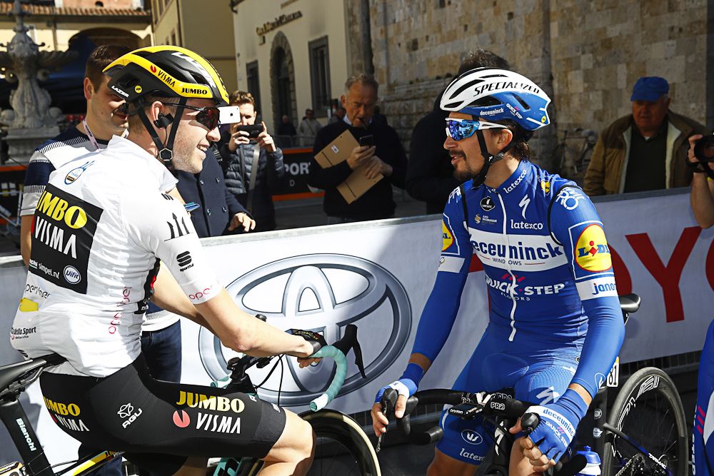 Laurens De Plus and Julian Alaphilippe talk before the start of stage 2 at Tirreno-Adriatico