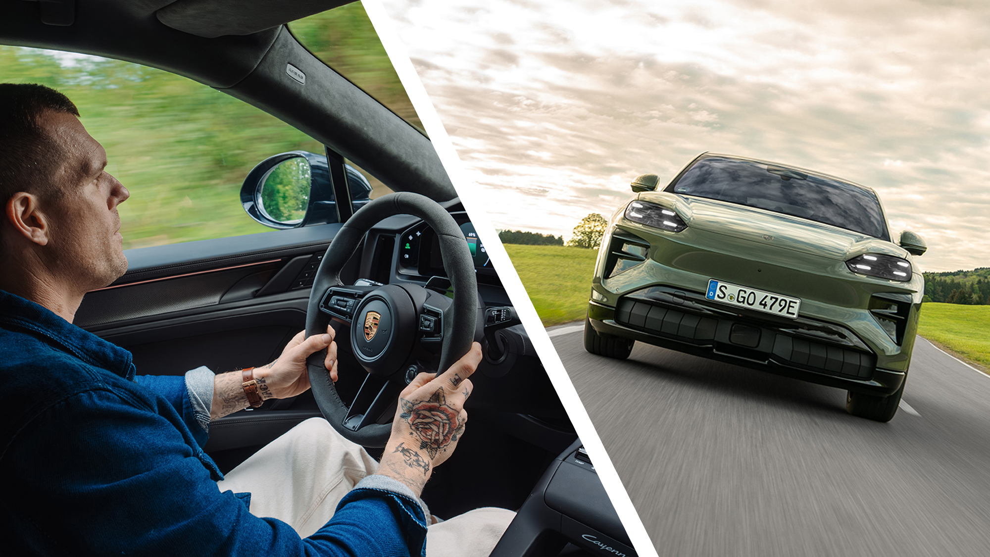 A man driving the Porsche Cayenne Electric, next to an image of the car on the road