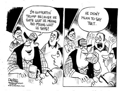 Political cartoon U.S. Donald Trump supporters speeches