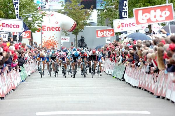 A select group of riders who avoided the crash late in stage 1 sprint for the finish line.