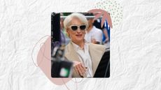 Meryl streep playing miranda priestly with sunglasses, a beige blazer and short french tip nails on a papery background