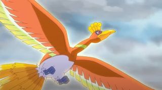 An image of a Ho-Oh from the Pokemon anime, flying majestically through the air