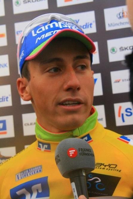 Adriano Malori (Lampre-Merida) is interviewed after his overall victory