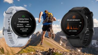 Man running on a trail with two Garmin Forerunner 955 watches in the foreground