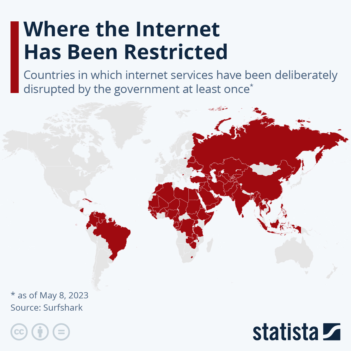 World-map graph showing the countries in which internet services have been deliberately disrupted by the government at least once.