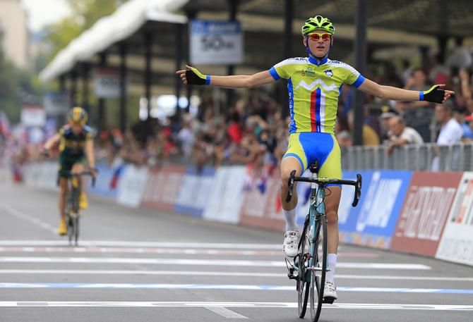 Matej Mohoric (Slovenia) wins the U23 men's road race at Worlds