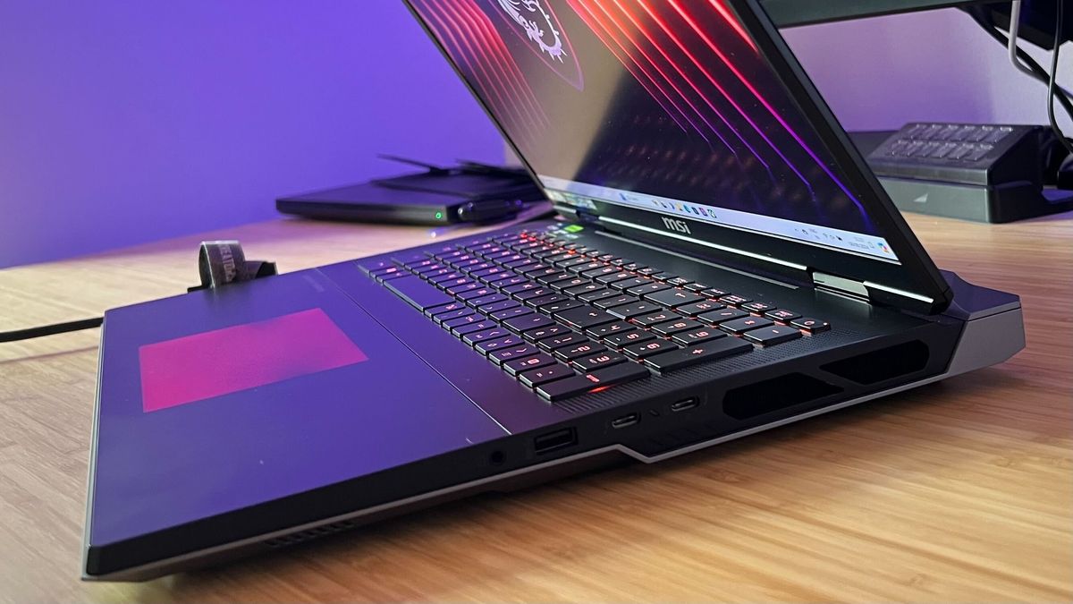 Right side of the MSI Titan 18 HX gaming laptop showing two USB-C ports, one USB-A port, and a 3.5mm audio jack