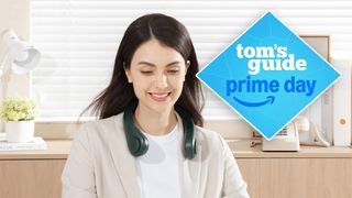 JISULIFE Portable Neck Fan lifestyle with badge