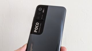 The Poco M3 Pro 5G, with the rear camera shown close up