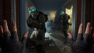 A screenshot from Half-Life: Alyx shows the player with their hands up as they're approached by individuals with guns.