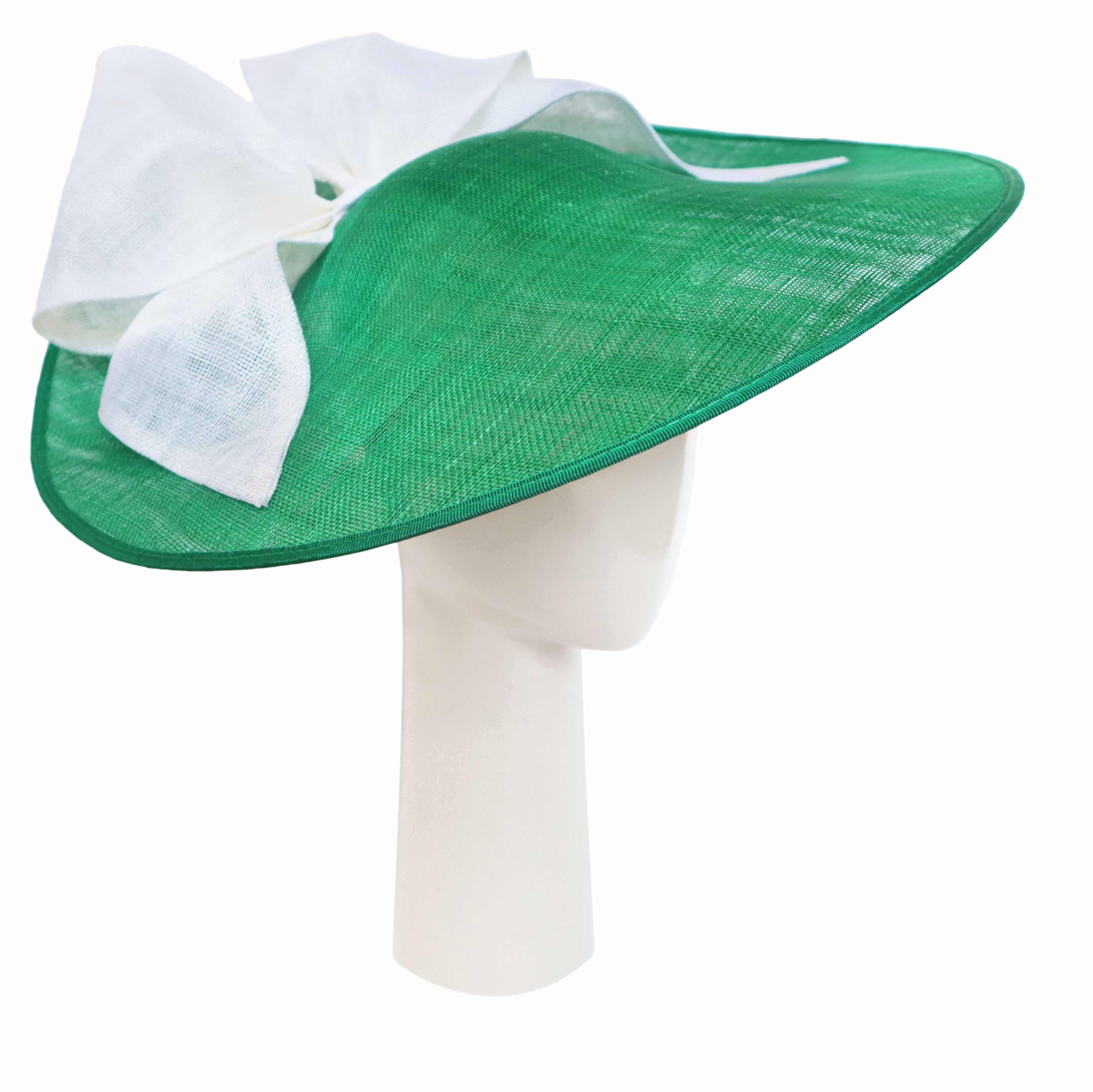 A green hat with a white ribbon
