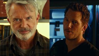 Sam Neill and Chris Pratt pictured side-by-side in Jurassic World: Dominion.
