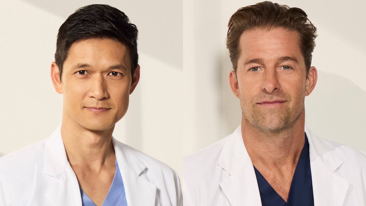 Grey's Anatomy stars Harry Shum Jr. (Blue Kwan) and Scott Speedman (Nick Marsh) are shown in ABC promo photos.
