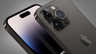 La parte trasera y delantera de un iPhone 14 Pro sobre fondo gris