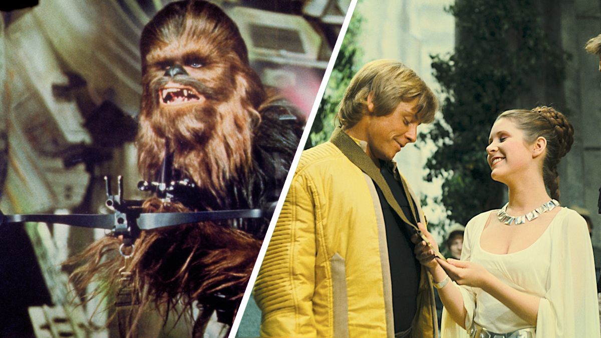 Split image showing - Left: Chewbacca holding his bowcaster. Right: Luke Skywalker wearing a yellow jacket receives medal from a Princess Leia in a white gown.