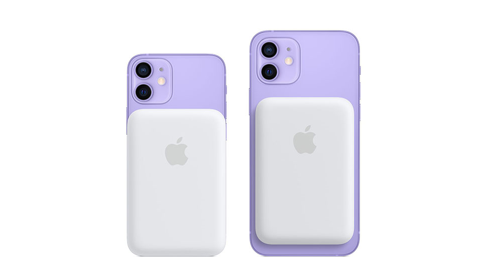 To Apple MagSafe Battery Pack som sitter bak på to lilla iPhone-modeller