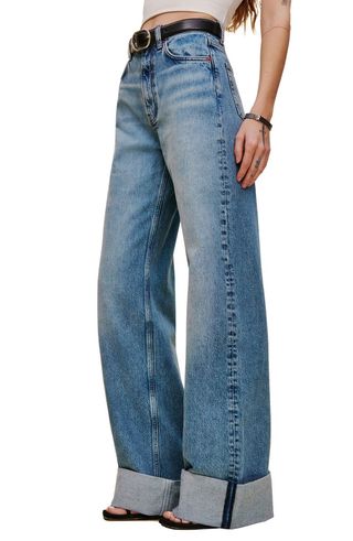 Jeans Cary Cuff Pinggang Tinggi Longgar dan Kaki Lebar