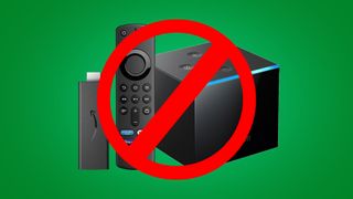 Amazon Fire TV Stick and Fire TV Cube with red warning sign across then on a green background