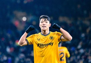 Hwang Hee-chan celebrates after scoring for Wolves against Burnley, 2023