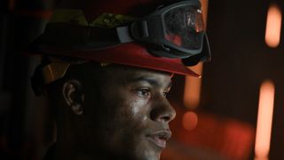 Jordan Calloway as Jake Crawford in uniform in Fire Country season 2