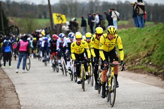 NINOVE BELGIUM MARCH 01 Edoardo Affini of Italy and Team Visma Lease a Bike leads the peloton during the 80th Omloop Het Nieuwsblad 2025 Mens Elite a 197km one day race from Ghent to Ninove UCIWWT on March 01 2025 in Ninove Belgium Photo by Luc ClaessenGetty Images