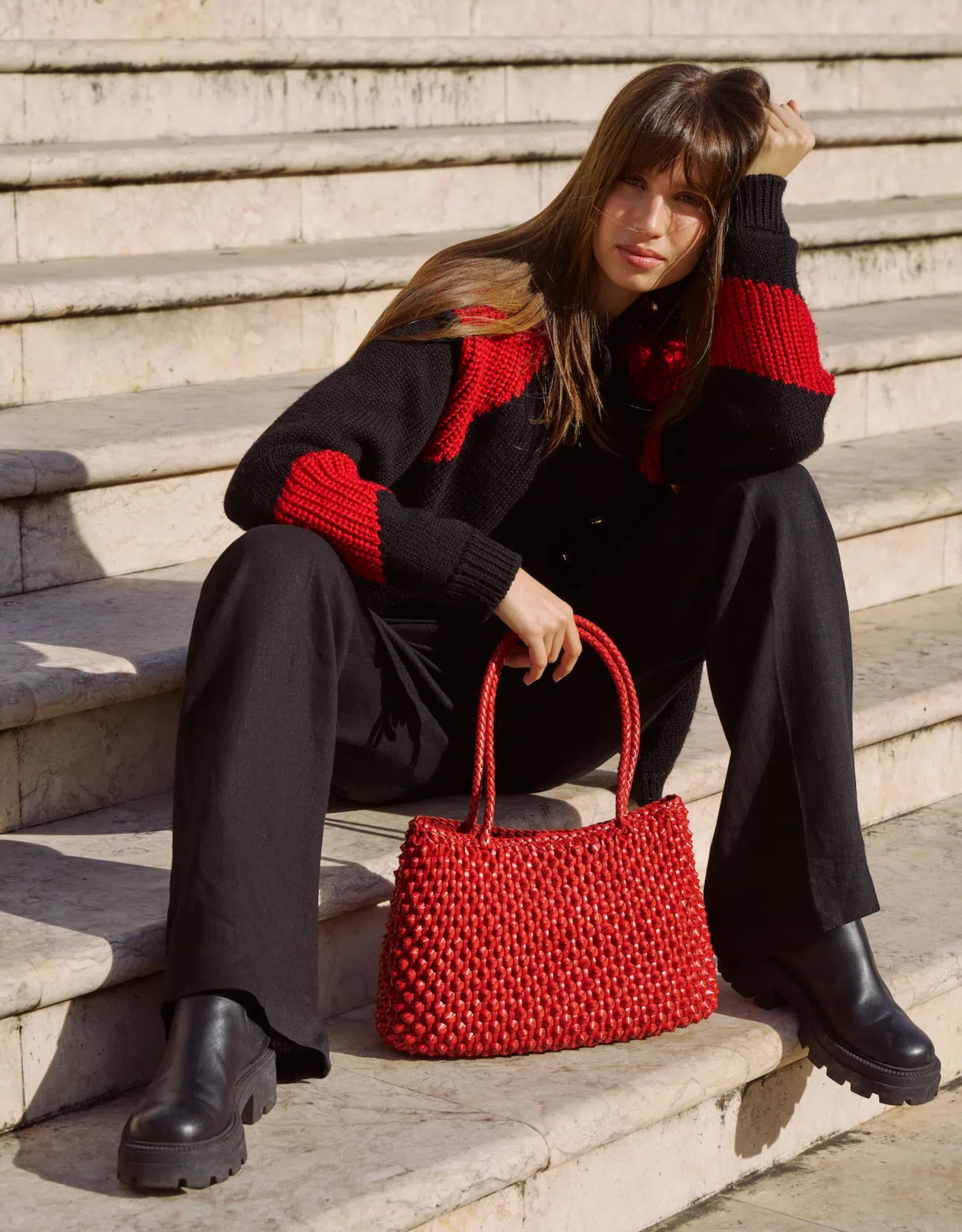 red woven shoulder bag