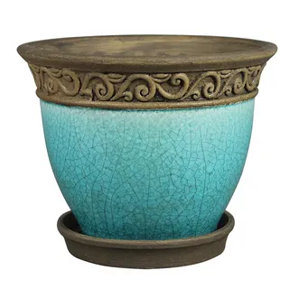 Southern Patio Cadiz 8 Inch Diameter Crackled Glazed Ceramic Indoor Outdoor Garden Planter Pot Urn With Saucer for Flowers, Herbs, and Plants, Teal