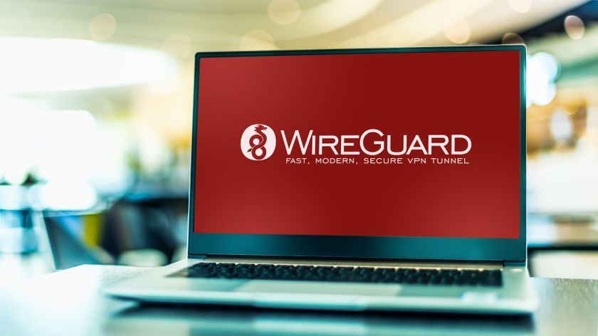 The logo for the WireGuard VPN protocol shown on a laptop