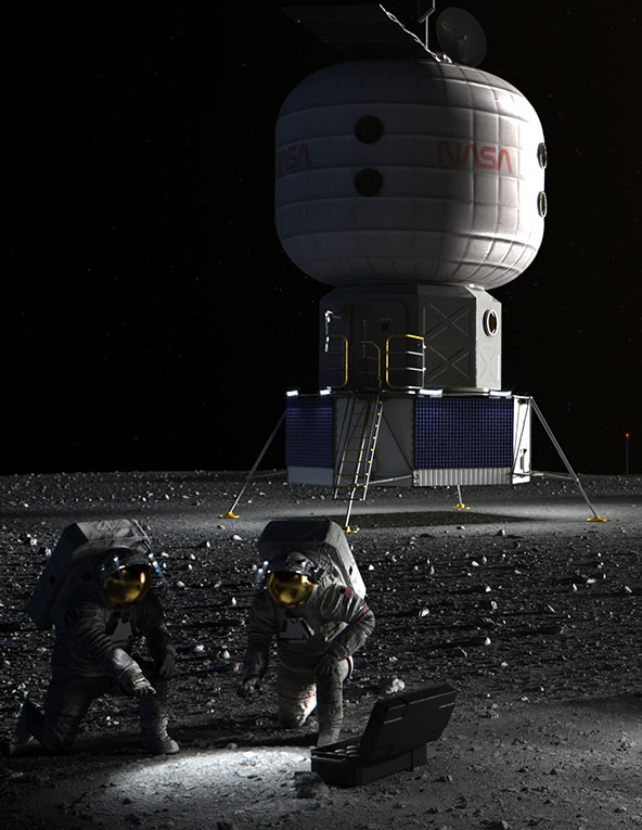 Illustration of NASA astronauts on the lunar south pole carrying out early work to establish an Artemis Base Camp.