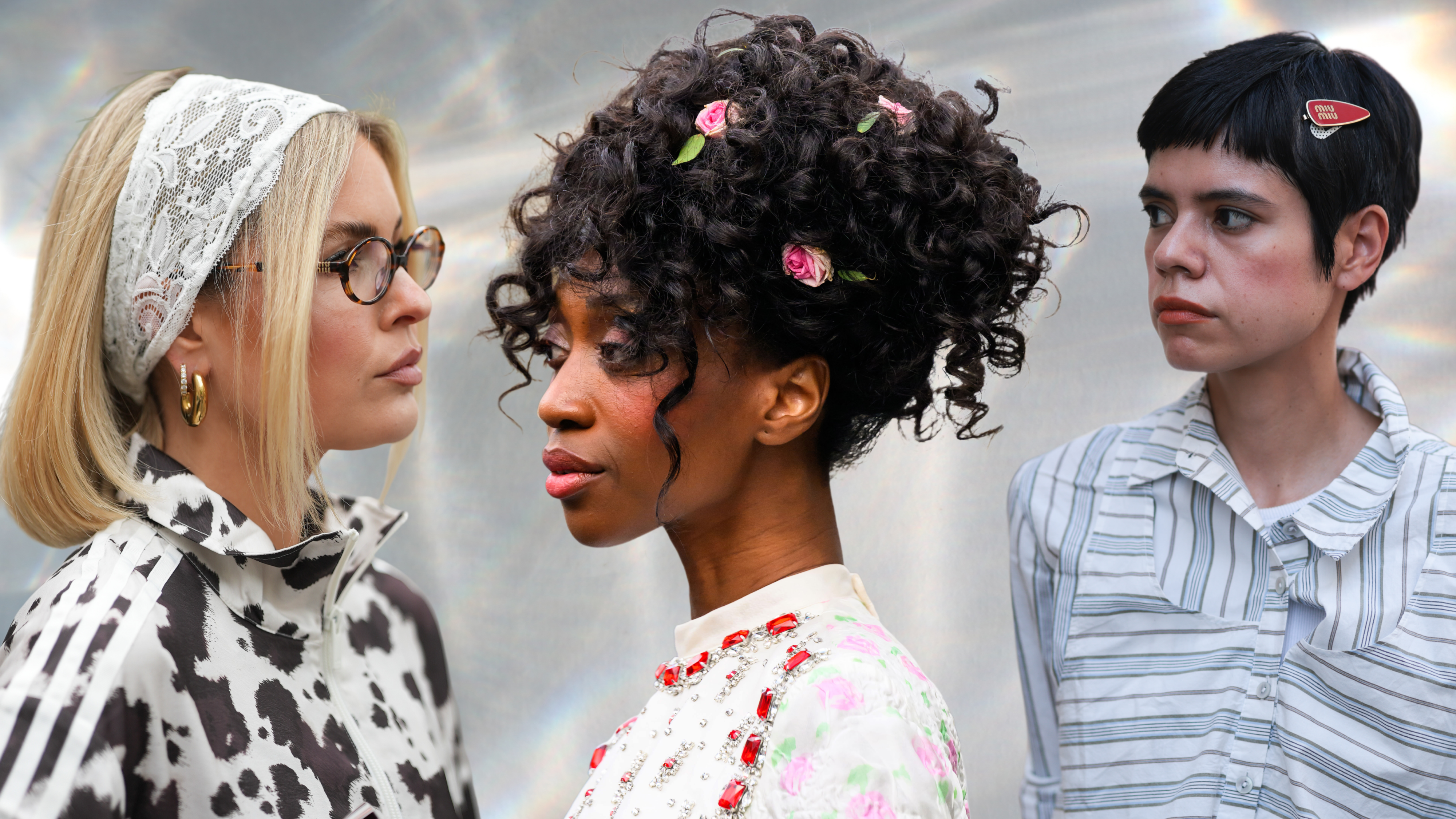 A collage of three women. The woman in the middle has a curly updo hairstyle decorated with pink flowers. The one on the left is wearing a lace headscarf. The one of the left is wearing a beret clip. 