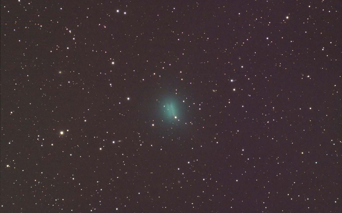 Comet C/2019 Y4 Atlas is slowly brightening in the night sky as it gets ready to swing around the sun in a couple months. Astrophotographer Mike Cuffe captured these two images of the green comet through his backyard telescope on Monday (March 23). In the first stacked image, the comet appears a bit blurry as it moves across a fixed background of stars. For the second image, the telescope was fixed on the comet, so the background stars appear as short trails behind a sharper image of the comet. Comet C/2019 Y4 Atlas is expected to make its closest approach to Earth on May 23, about one week before it reaches perihelion, or its closest point to the sun. It will brighten dramatically during this approach, and it may become visible to the naked eye in late April or May.
