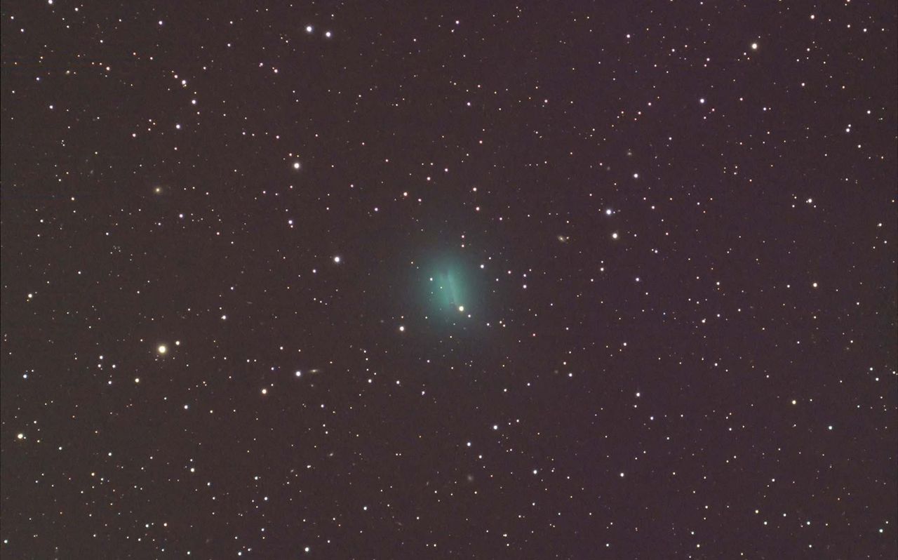 Comet C/2019 Y4 Atlas is slowly brightening in the night sky as it gets ready to swing around the sun in a couple months. Astrophotographer Mike Cuffe captured these two images of the green comet through his backyard telescope on Monday (March 23). In the first stacked image, the comet appears a bit blurry as it moves across a fixed background of stars. For the second image, the telescope was fixed on the comet, so the background stars appear as short trails behind a sharper image of the comet. Comet C/2019 Y4 Atlas is expected to make its closest approach to Earth on May 23, about one week before it reaches perihelion, or its closest point to the sun. It will brighten dramatically during this approach, and it may become visible to the naked eye in late April or May.